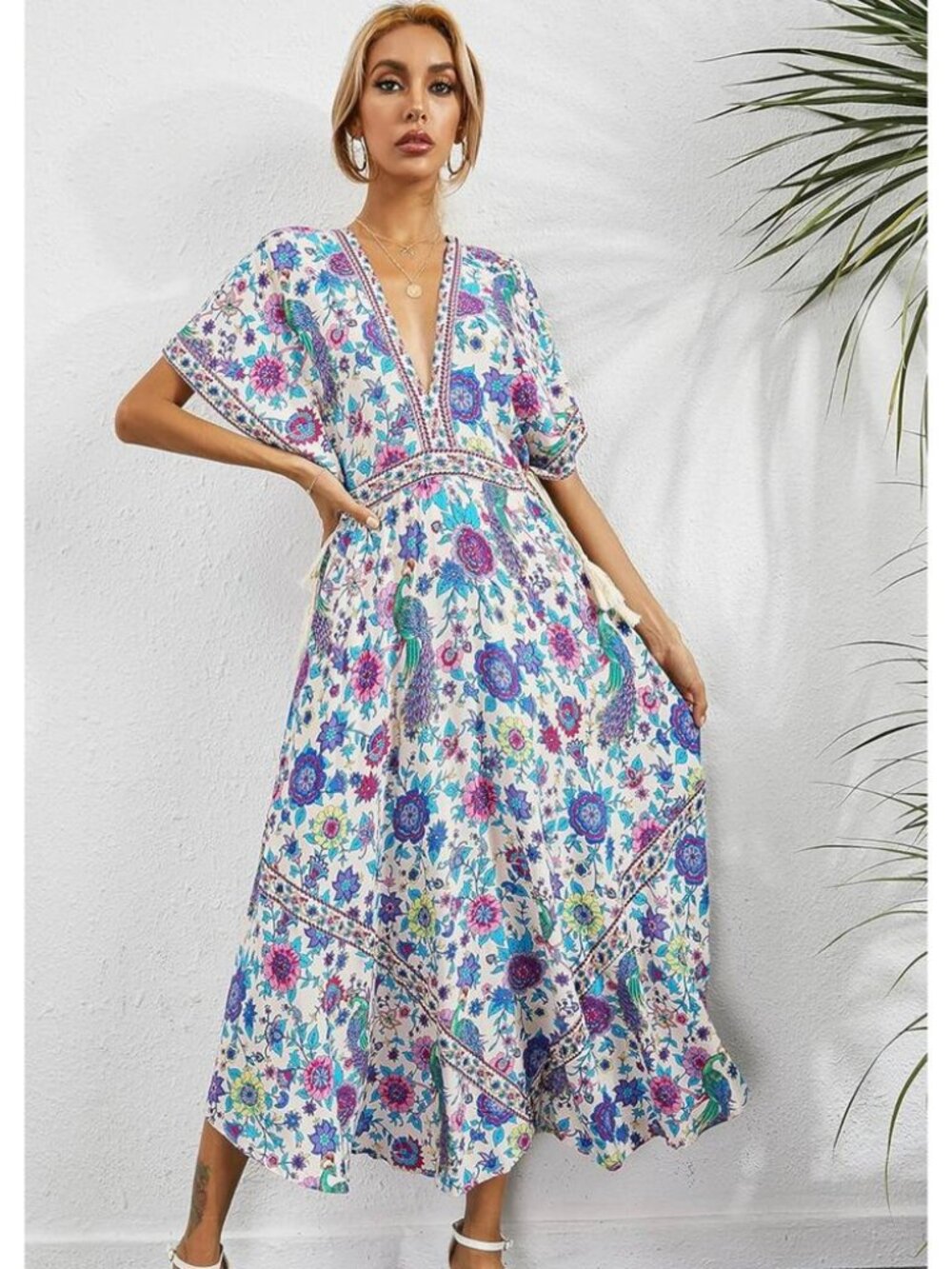 NWT R.Vivimos Women Summer Print Deep V Neck Cotton Beach Dress Medium